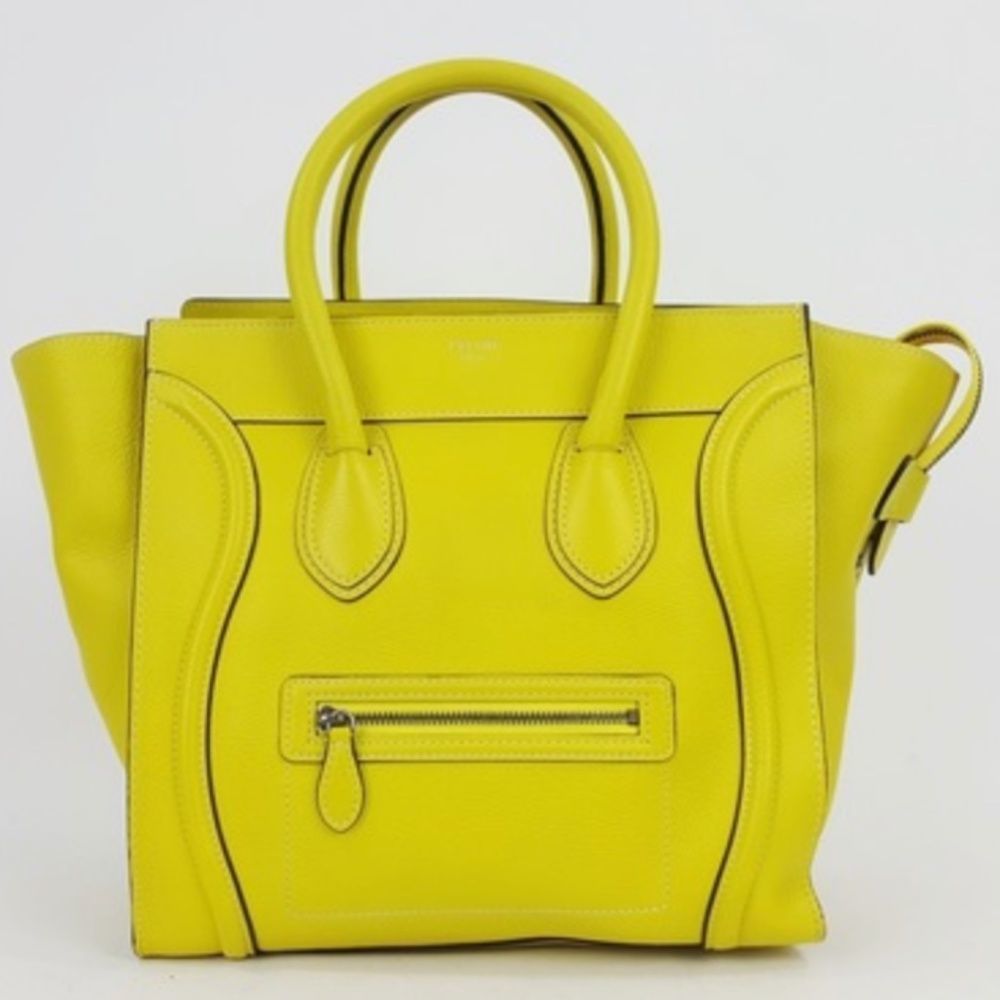 Celine Yellow Grainy Leather Double Handle Mini Luggage Full Zip Tote Bag